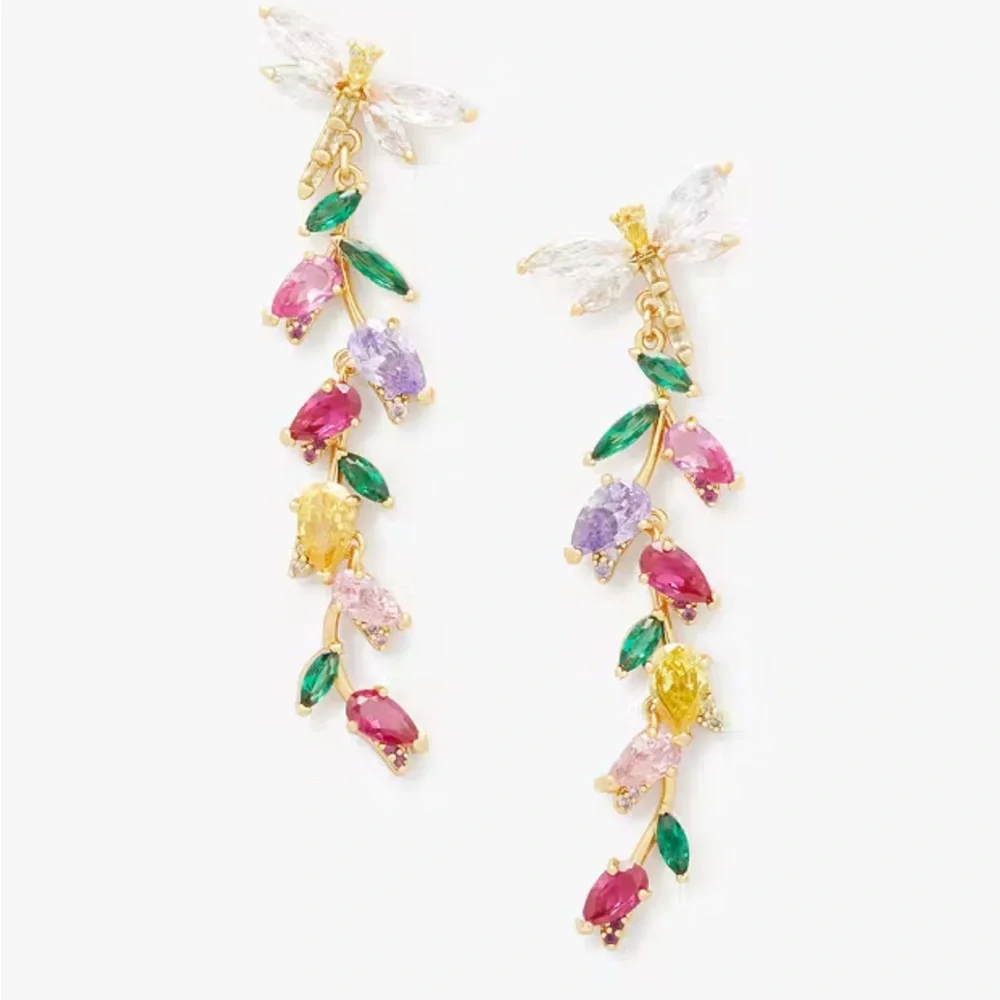 Kate Spade Greenhouse Floral Linear Earrings ~Rhinestone Dragonfly Flower Studs - Picture 4 of 7